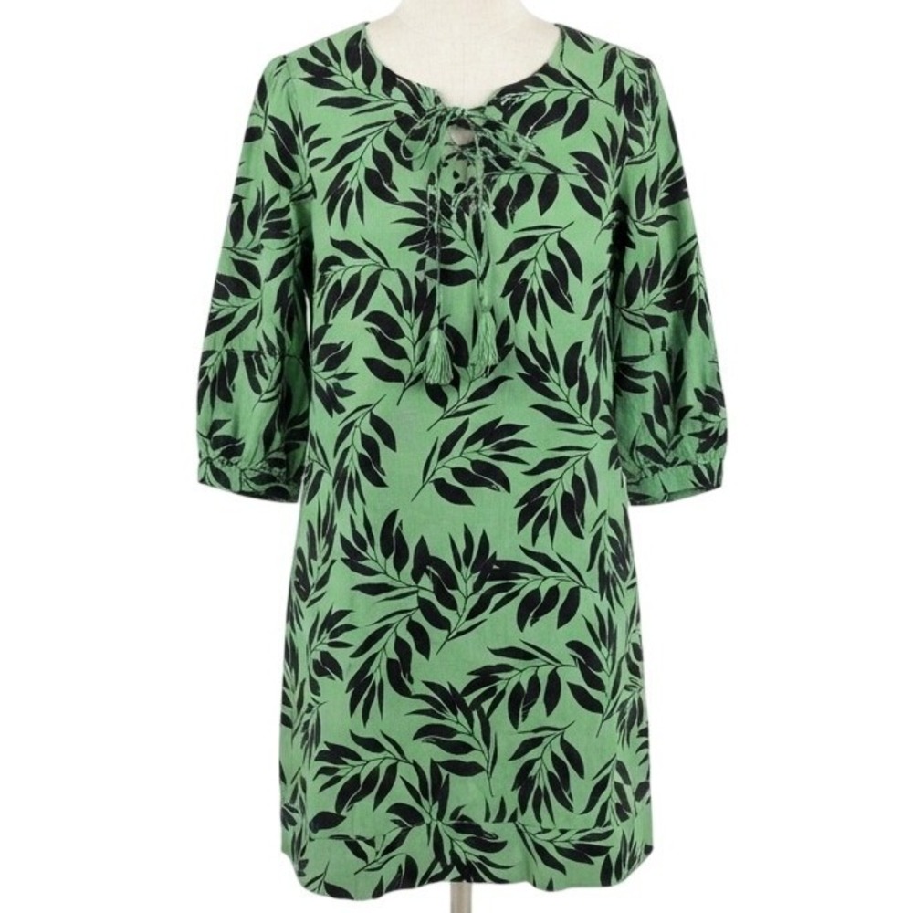 Who What Wear Shift Dress Women M Green Leaf Print Lace Up Linen Blend